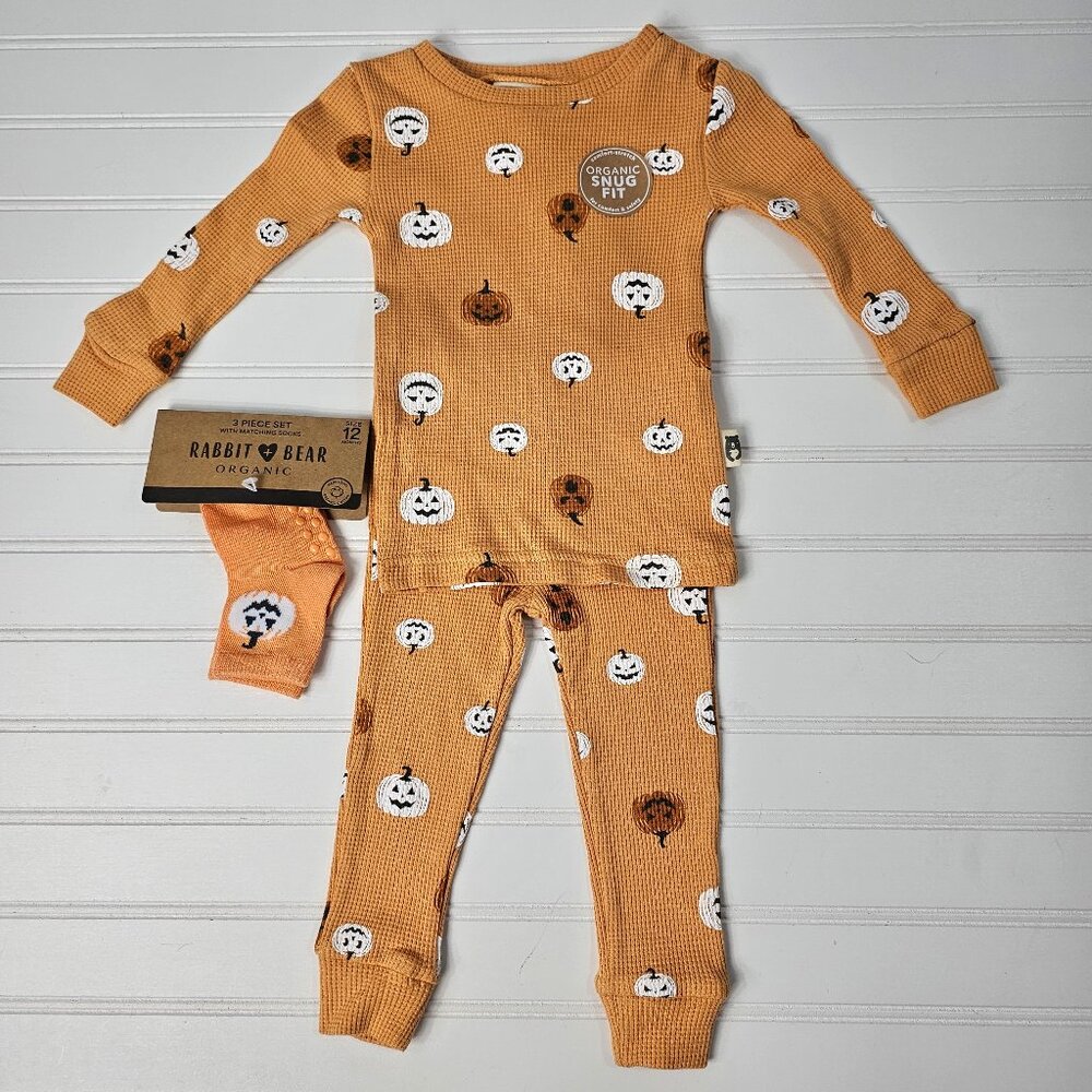 Rabbit+Bear Orange Pumpkin Print Organic Cotton 3 Piece Pajama Set Size 12M NWT